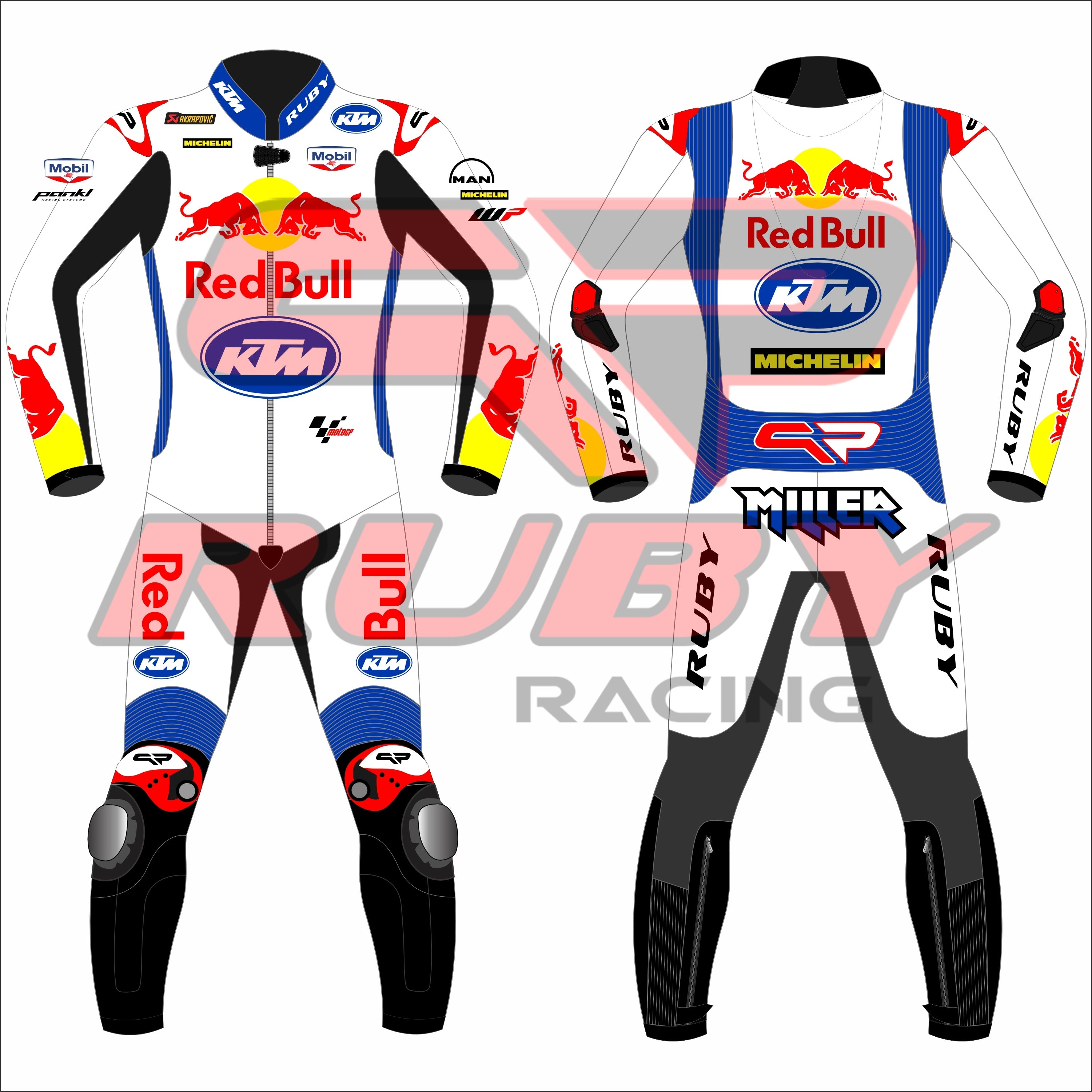 A front and back view comparison of the Jack Miller Red Bull KTM 2024 British GP race suit, showcasing sponsor logos, vibrant color schemes, and protective elements for maximum performance on the track