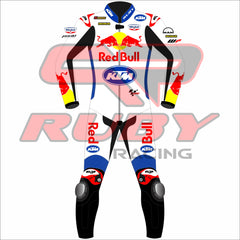 A close-up of the front view of the Jack Miller Red Bull KTM 2024 race suit for the British Grand Prix, highlighting logos from Red Bull, KTM, and other key sponsors, with bold colors and reinforced padding for rider protection.