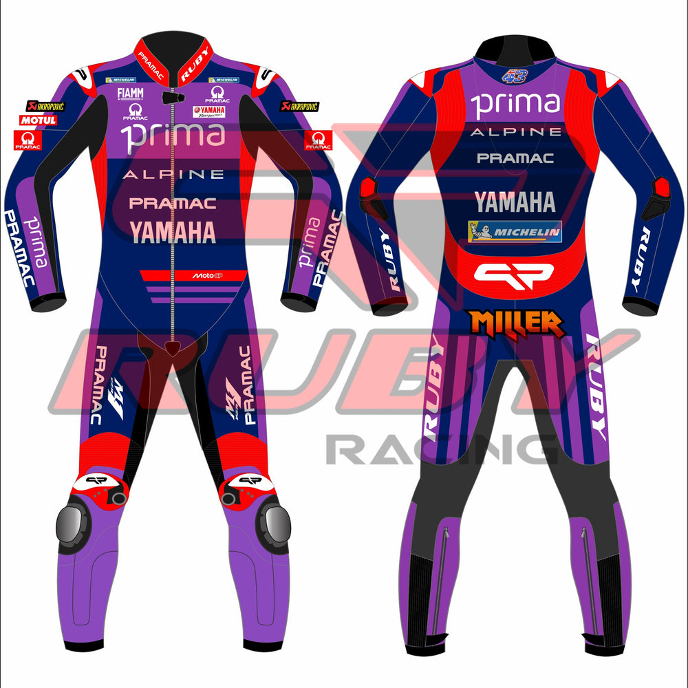 Front and rear views of the Prima Pramac Yamaha MotoGP 2025 racing suit for Jack Miller, displaying prominent sponsor logos such as Prima on the chest and back, along with Alpine, Pramac, and Yamaha. The suit is primarily blue with red and purple accents and includes the Ruby sponsor logo on the arms and legs. The back of the suit clearly shows the rider name "MILLER"