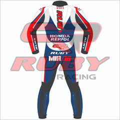 2024 Joan Mir Repsol Honda BritishGP Racing Suit - Blue Edition. back view of the suit featuring iconic Honda Repsol branding and Ruby Racing logos, designed for racing enthusiasts and MotoGP supporters