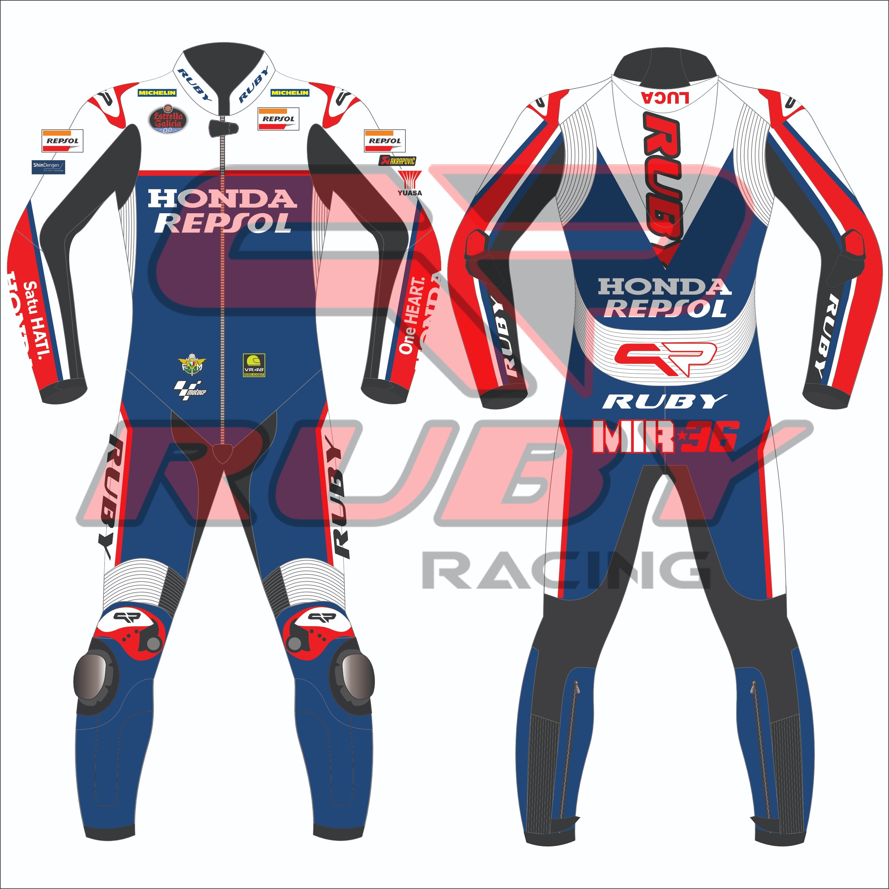 2024 Joan Mir Repsol Honda BritishGP Racing Suit - Blue Edition. Front and back view of the suit featuring iconic Honda Repsol branding and Ruby Racing logos, designed for racing enthusiasts and MotoGP supporters