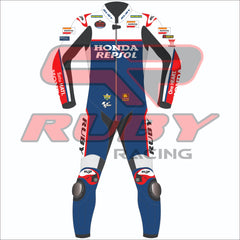 2024 Joan Mir Repsol Honda BritishGP Racing Suit - Blue Edition. Front view of the suit featuring iconic Honda Repsol branding and Ruby Racing logos, designed for racing enthusiasts and MotoGP supporters