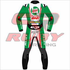 detailed back view of the Johann Zarco Honda Castrol 2024 race suit for the British Grand Prix, featuring iconic sponsor logos from Castrol, Honda, Givi, and Michelin, with a green, red, and white design.