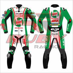 A full front and back view comparison of the Johann Zarco Honda Castrol 2024 British GP race suit, showcasing prominent sponsor logos and sleek design elements, perfect for high-speed performance.