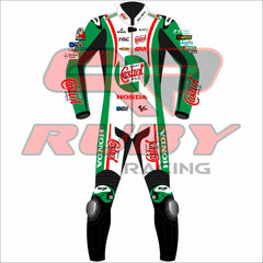 close-up front view of the Johann Zarco Honda Castrol 2024 race suit for the British Grand Prix, highlighting sponsor logos like Castrol, Honda, and Givi, with an aerodynamic design and enhanced protection for race conditions.