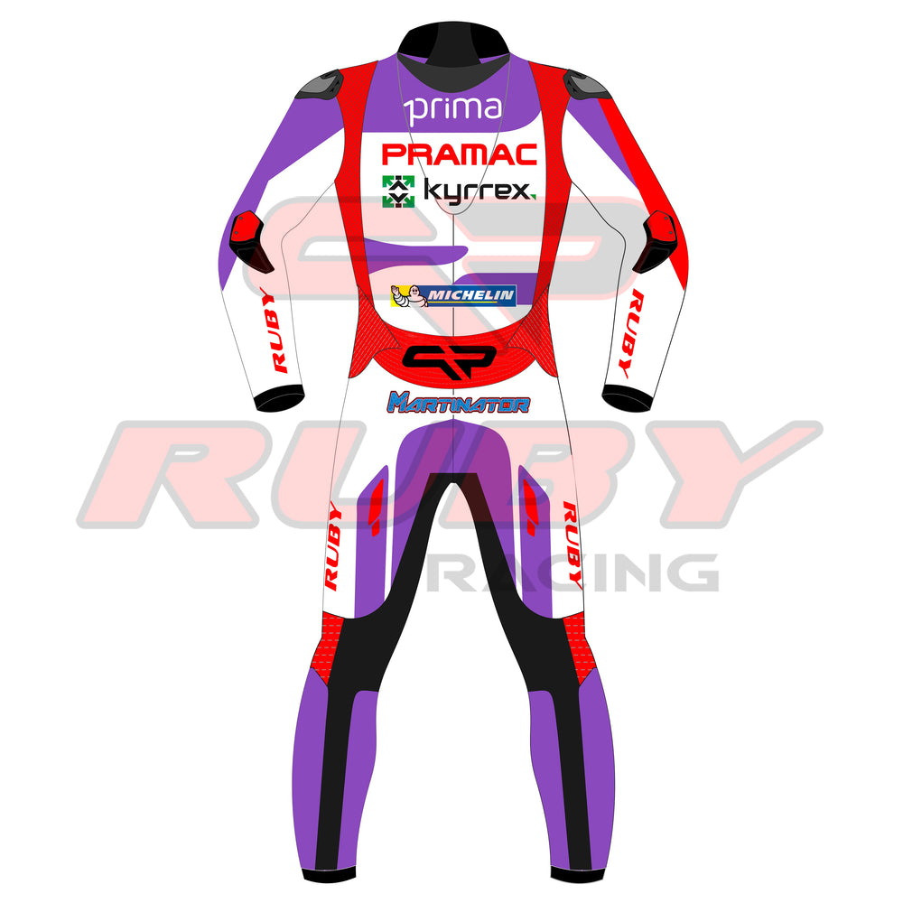 Back view of the 2023 Ducati Pramac MotoGP Race Suit for Jorge Martin, featuring red, white, and purple design. Sponsor logos include Prima, Kyrrrex, and Michelin. 'Martinator' branding on the lower back and 'Ruby' text along the legs. Includes protective padding for knees and elbows