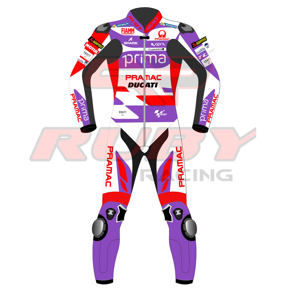 Front View of Jorge Martin 2023 Ducati Pramac MotoGP Race Suit. Features purple, red, and white design with Pramac, Ducati, and sponsor logos. High-quality protective padding on knees and elbows, ideal for professional motorcycling fans.