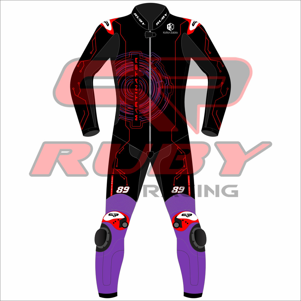 Front view of Jorge Martin's 2025 MotoGP racing suit from the Barcelona winter test. The suit features a striking combination of blue, white, and red with black accents. The number 89 is prominently displayed on the chest and back. Various sponsor logos are present, including Pramac Racing and Ducati. The suit includes protective padding on the knees and elbows, with additional branding on the arms and legs. The design reflects a sleek, modern aesthetic tailored for high-performance racing.