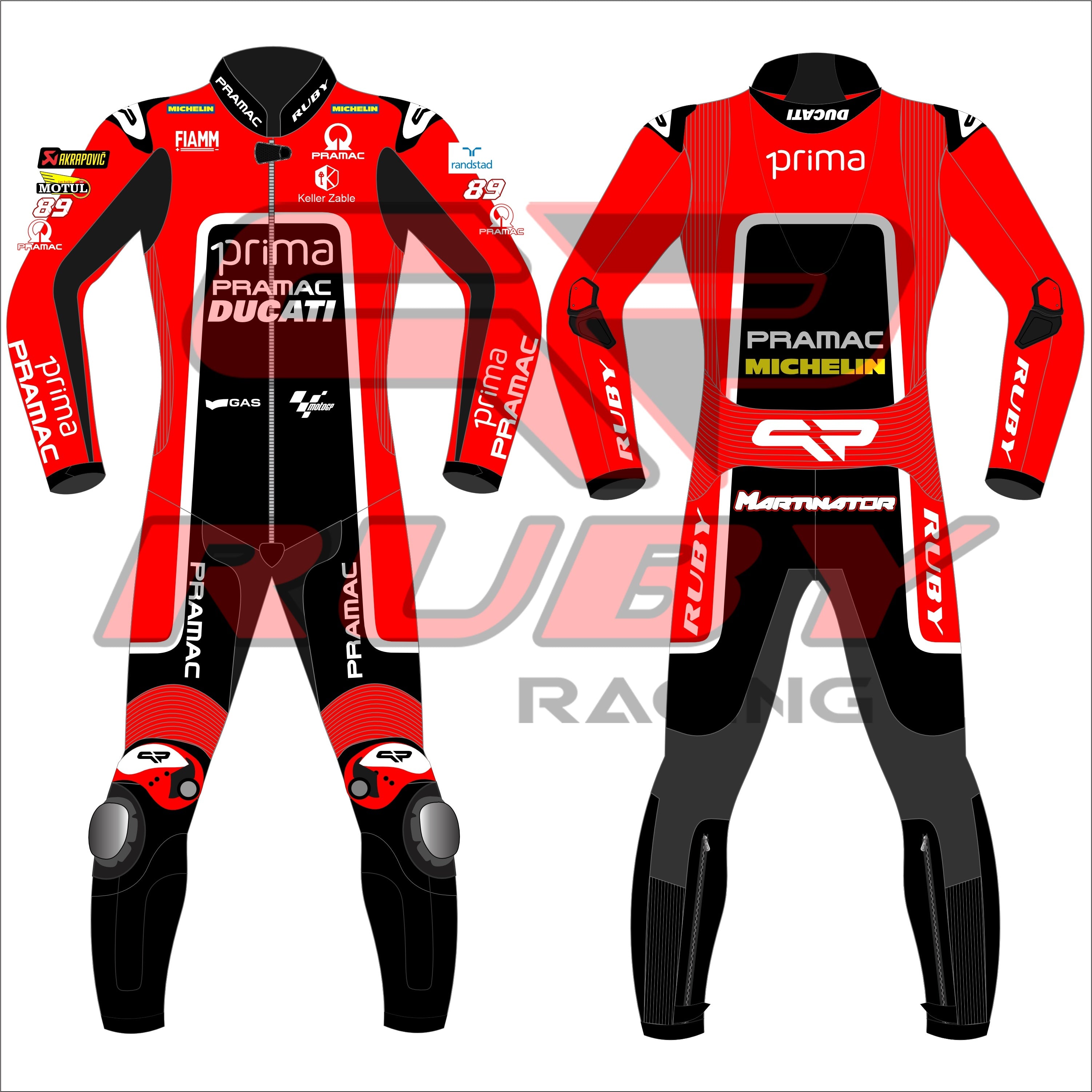 Jorge Martin's 2024 Pramac Race Suit for the British GP, shown in front and back views. The suit is predominantly red with 'PRIMA PRAMAC DUCATI' branding on the chest, complemented by sponsor logos including Michelin, FIAMM, and the number 89. The back features a black panel with additional logos, including 'PRIMA PRAMAC' and 'MICHELIN.' The suit includes protective padding at the knees and elbows, designed for optimal safety during high-speed racing events.