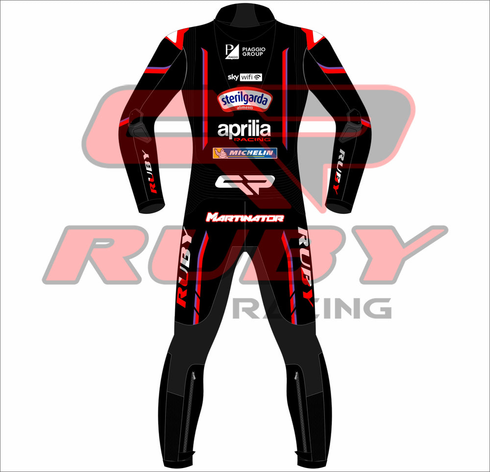 Back view of Jorge Martin Aprilia MotoGP 2025 race suit in black with red accents, featuring sponsor logos from Piaggio Group, Sterilgarda, Aprilia Racing, Michelin, and the MARTINATOR branding on the lower back – customized by RUBY Racing.