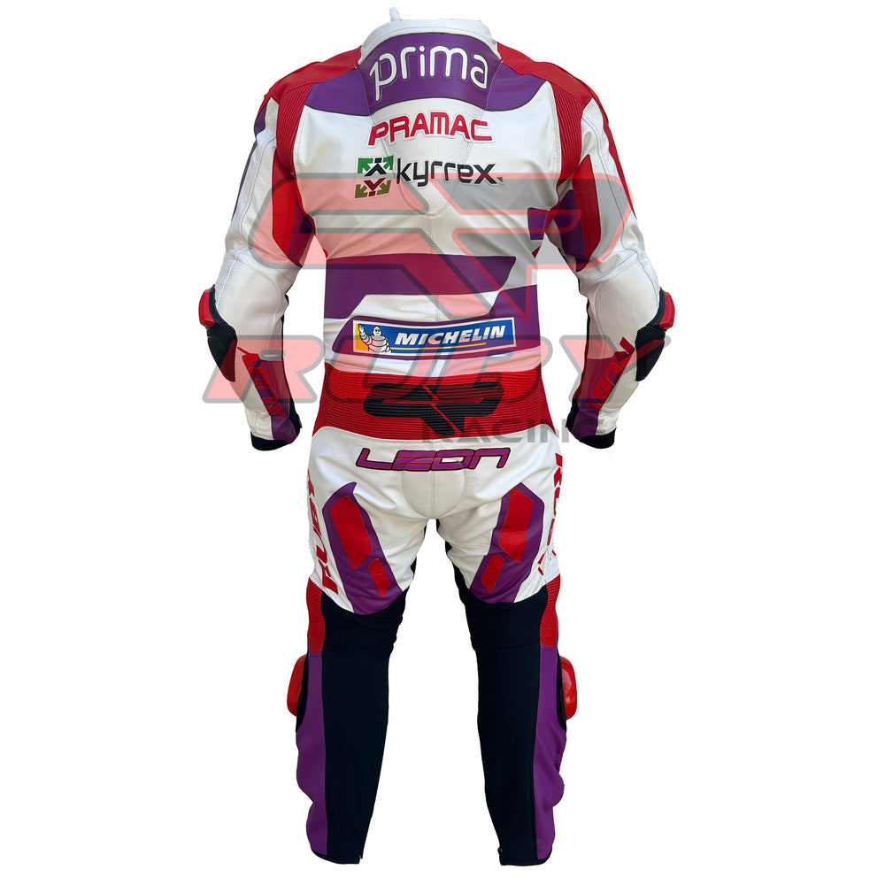 Back view of the 2023 Ducati Pramac MotoGP Racing Leather Suit worn by Jorge Martin. The suit features sponsor logos from Prima, Pramac, Kyrrrex, and Michelin, with Jorge Martin's number '89' on the lower back. The red, purple, and white design includes reinforced padding on the elbows and knees for enhanced protection during high-performance racing.