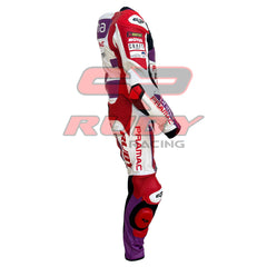 Right side view of the 2023 Ducati Pramac MotoGP Racing Leather Suit worn by Jorge Martin. The suit features a red, purple, and white design with sponsor logos such as Pramac, Motul, and Akrapovic. The suit includes reinforced padding on the elbows and knees for enhanced protection during high-speed racing.