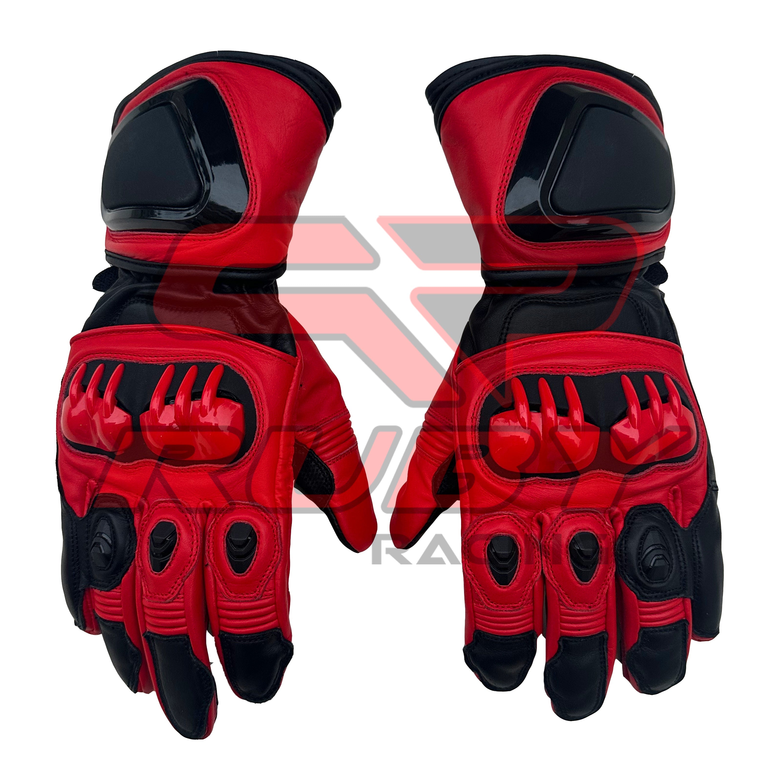 Jorge Martin MotoGP 2024 Race Gloves in striking red and black leather. These high-performance gloves feature enhanced knuckle protection, reinforced stitching, and aerodynamic design, ideal for professional racing. The gloves are designed with comfort and safety in mind, providing a secure grip and maximum flexibility for MotoGP riders