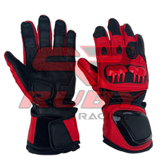 Rear and front view of the Jorge Martin MotoGP 2024 Race Gloves in red and black. These gloves are designed for professional racing, featuring reinforced knuckle protection, padded palms, and secure wrist closures. The gloves offer enhanced grip, flexibility, and durability, making them ideal for high-speed MotoGP competition.