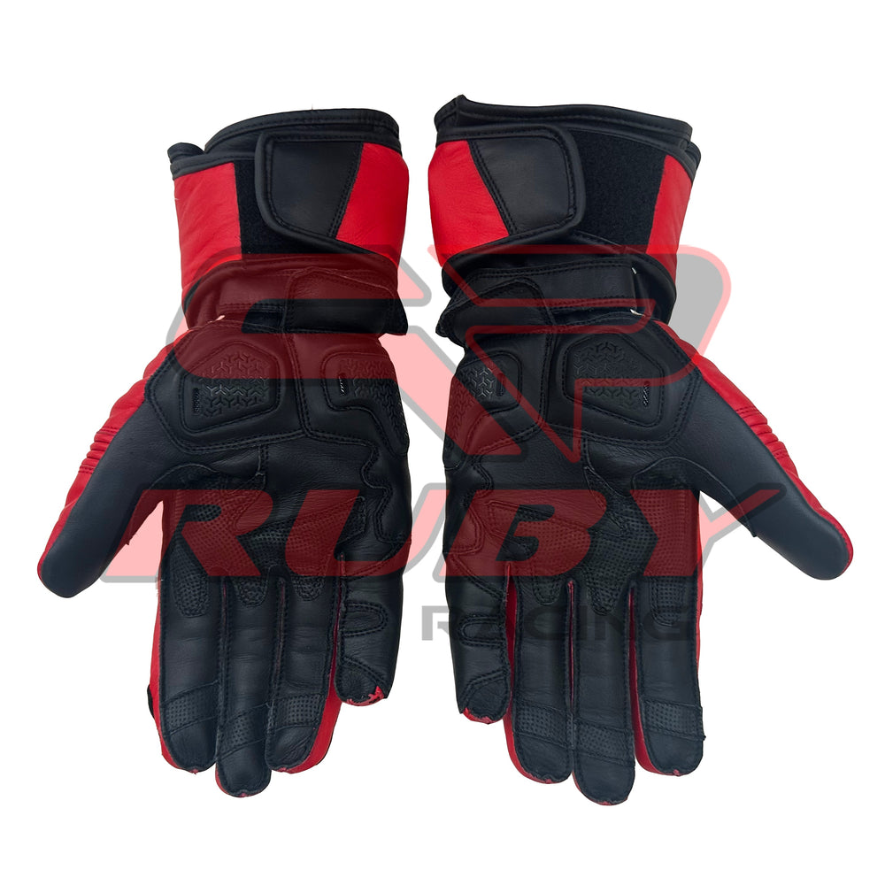 Jorge Martin MotoGP 2024 racing gloves in black and red, featuring adjustable wrist straps, enhanced grip, and reinforced protection. Premium motorcycle gloves designed for MotoGP racers and biking enthusiasts
