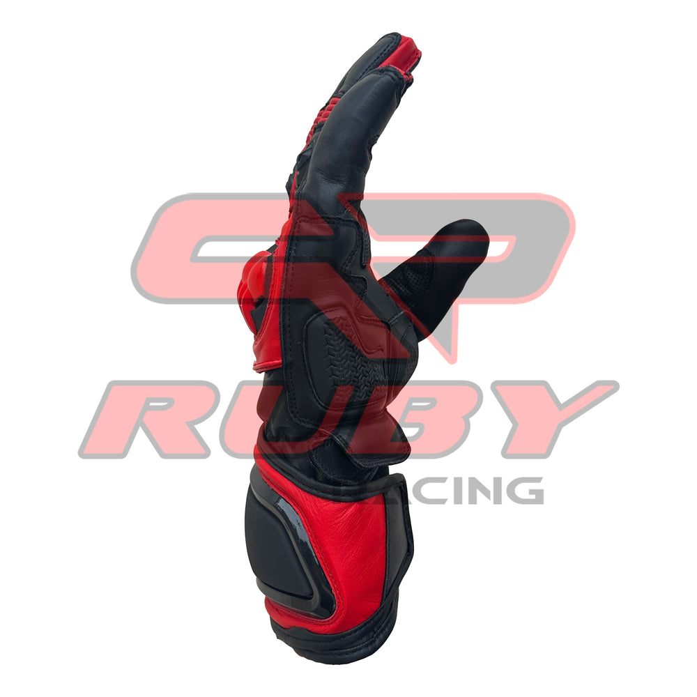 Jorge Martin MotoGP 2024 race gloves in black and red, featuring reinforced knuckles, padded palms, and a sleek design for optimal performance and protection. High-quality motorcycle gloves ideal for professional racers and MotoGP enthusiasts. Shop now for durable, comfortable, and stylish racing gloves.