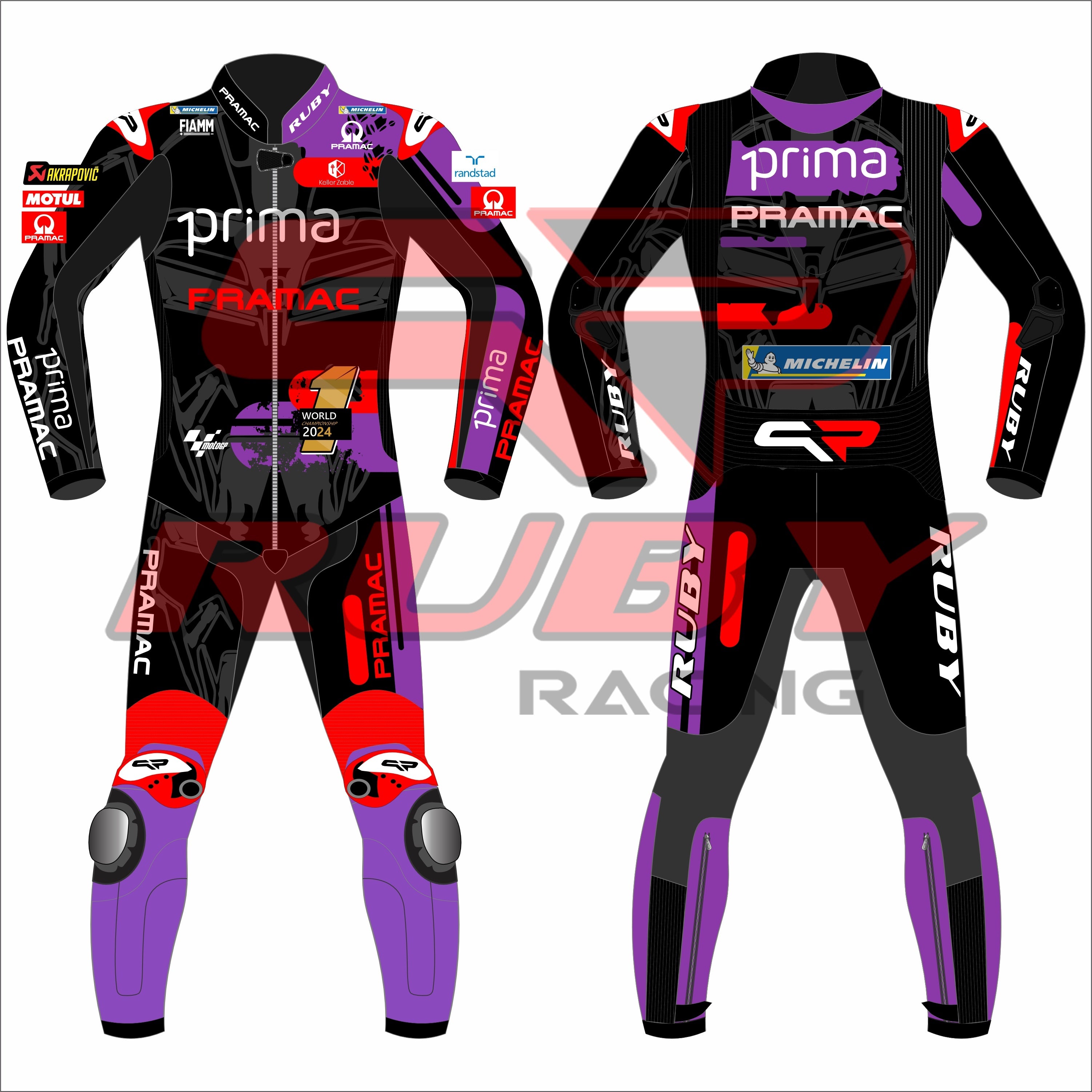 Front and back view of Jorge Martin's MotoGP racing suit from the Barcelona winter test. Features a bold design with black, purple, red, and white accents, sponsor logos from Pramac Racing and Ducati, and protective padding on knees and elbows. Number 89 is displayed prominently on the suit."