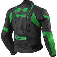 Back view of Kawasaki Ninja motorcycle leather jacket for men, black and green cowhide biker jacket with bold Kawasaki ZX branding, designed for comfort and protection on the road.