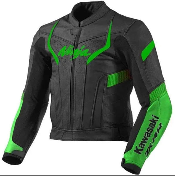 Front view of Kawasaki Ninja motorcycle leather jacket for men, black and green cowhide biker jacket with bold Kawasaki ZX branding, designed for comfort and protection on the road.