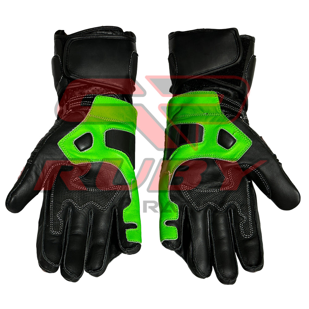 Palm View of Monster Energy Racing Gloves featuring black design with vibrant green and red accents, Monster Energy logo on the wrist, and protective padding on knuckles and fingers. Durable materials ensure excellent grip and control for professional racers and motorsport fans