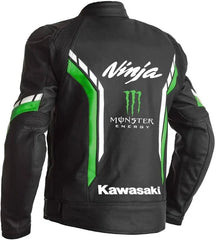 Back View of Kawasaki Monster Energy leather motorcycle jacket for men, black and green racing jacket with iconic Kawasaki and Monster Energy branding.