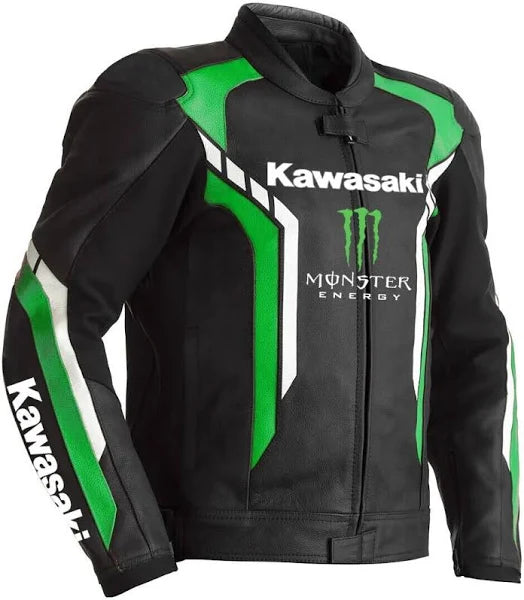 Kawasaki Monster Energy leather motorcycle jacket for men, black and green racing jacket with iconic Kawasaki and Monster Energy branding.