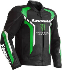 Kawasaki Monster Energy leather motorcycle jacket for men, black and green racing jacket with iconic Kawasaki and Monster Energy branding.