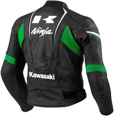 Back View of Kawasaki Ninja black leather motorcycle jacket with green and white accents, premium cowhide biker gear, stylish and protective for racing and street riding.