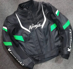 Full View of Kawasaki Ninja black leather motorcycle jacket with green and white accents, premium cowhide biker gear, stylish and protective for racing and street riding.