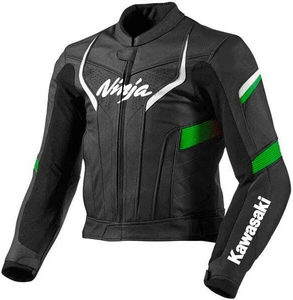 Front view of Kawasaki Ninja black leather motorcycle jacket with green and white accents, premium cowhide biker gear, stylish and protective for racing and street riding.