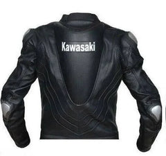 Back View of Black Kawasaki motorcycle leather jacket with "Kawasaki" text on the upper back. The design features contoured stitching and padded panels that enhance both style and durability. The jacket includes silver protective patches on the shoulders and a unique U-shaped panel on the lower back, adding a bold look while ensuring optimal safety for riders.