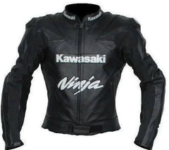 Front View of Black Kawasaki Ninja motorcycle leather jacket with "Kawasaki" and "Ninja" logos prominently displayed on the chest area. The jacket has a sleek, fitted design with reinforced shoulders and arms for added protection. Branding is also visible on the collar, showcasing "Kawasaki" in small text on both sides.