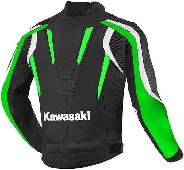 Back View of Kawasaki racing motorcycle jacket in black with green and white accents, premium cowhide leather, stylish and protective biker gear for motorbike riders