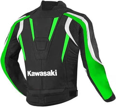 Back View of Kawasaki racing motorcycle jacket in black with green and white accents, premium cowhide leather, stylish and protective biker gear for motorbike riders