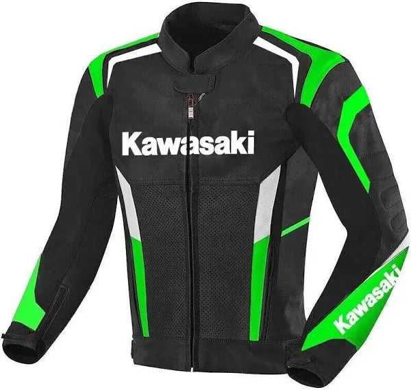 Front View of Kawasaki racing motorcycle jacket in black with green and white accents, premium cowhide leather, stylish and protective biker gear for motorbike riders