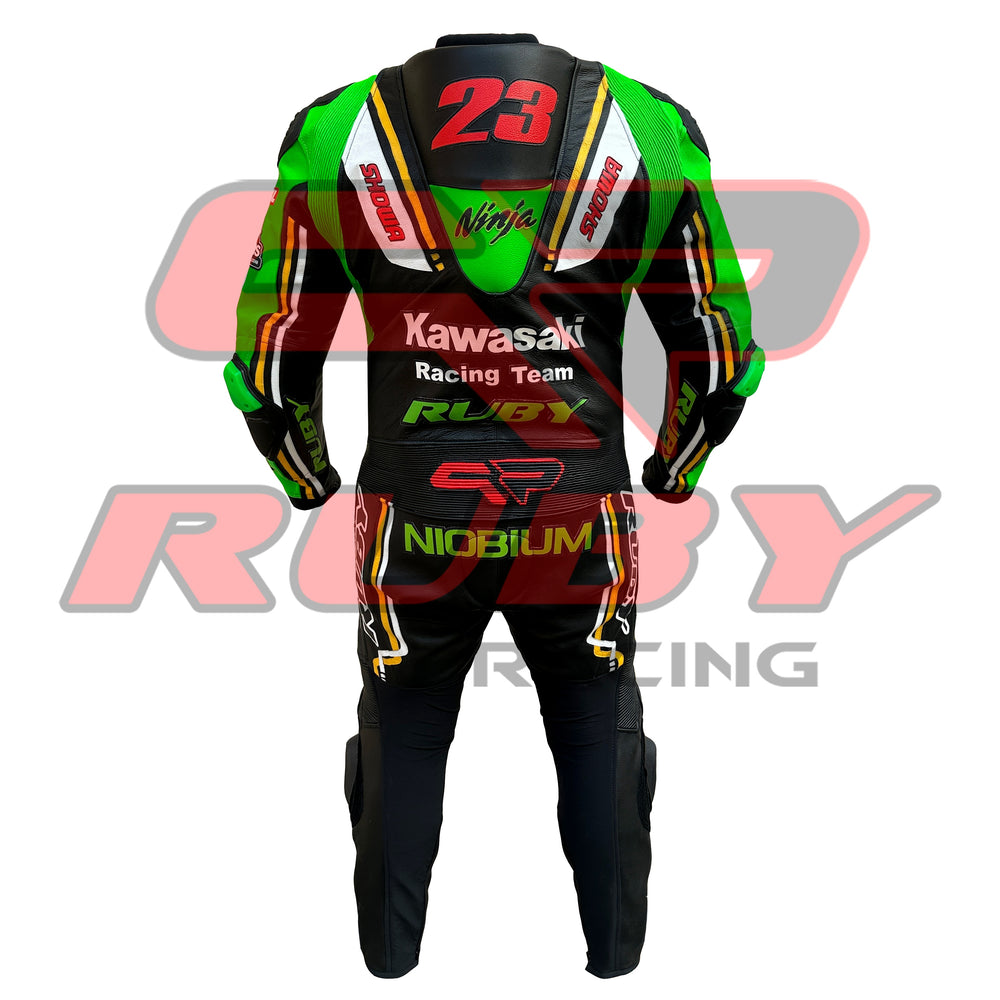 Back view of a Kawasaki Racing Team leather motorcycle suit showcasing green and black panels, red number '23', and sponsor logos such as Ruby, Niobium, and Showa.