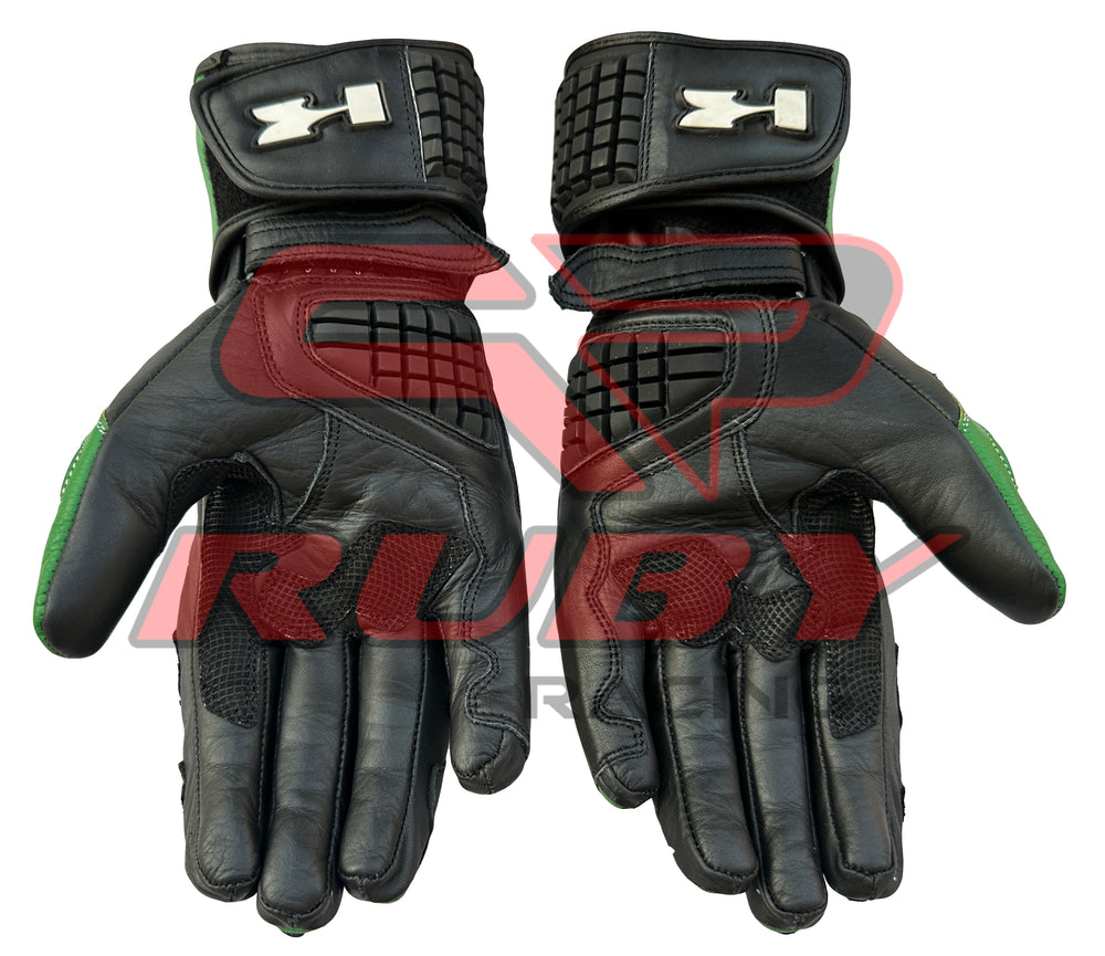 Back View of Kawasaki Leather Motorcycle Gloves – Black, Green, and White Style with Carbon Fiber Knuckle Guards and Improved Grip for Superior Safety and Comfort