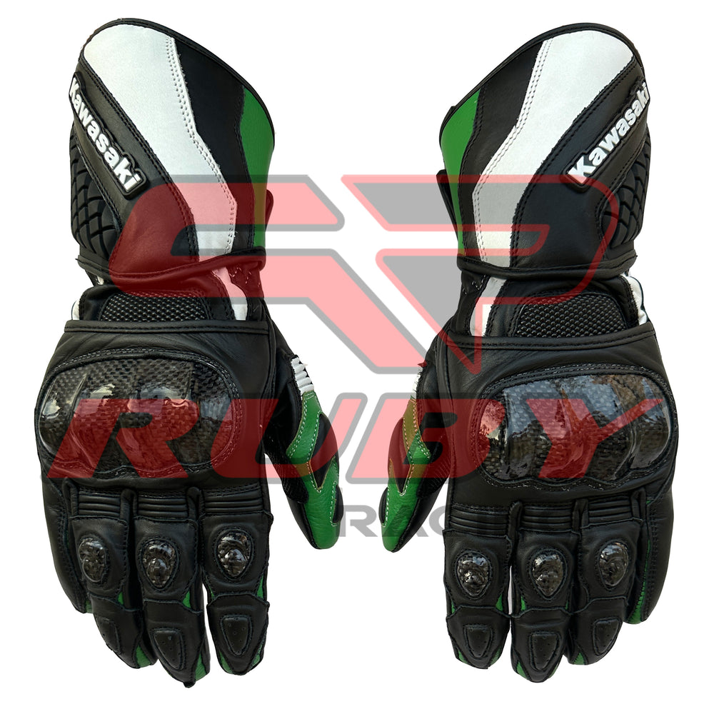 Front View of Kawasaki Leather Motorcycle Gloves – Black, Green, and White Style with Carbon Fiber Knuckle Guards and Improved Grip for Superior Safety and Comfort