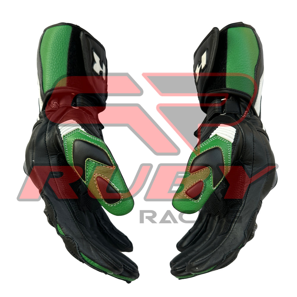 Palm View of Kawasaki Leather Motorcycle Gloves – Black, Green, and White Style with Carbon Fiber Knuckle Guards and Improved Grip for Superior Safety and Comfort