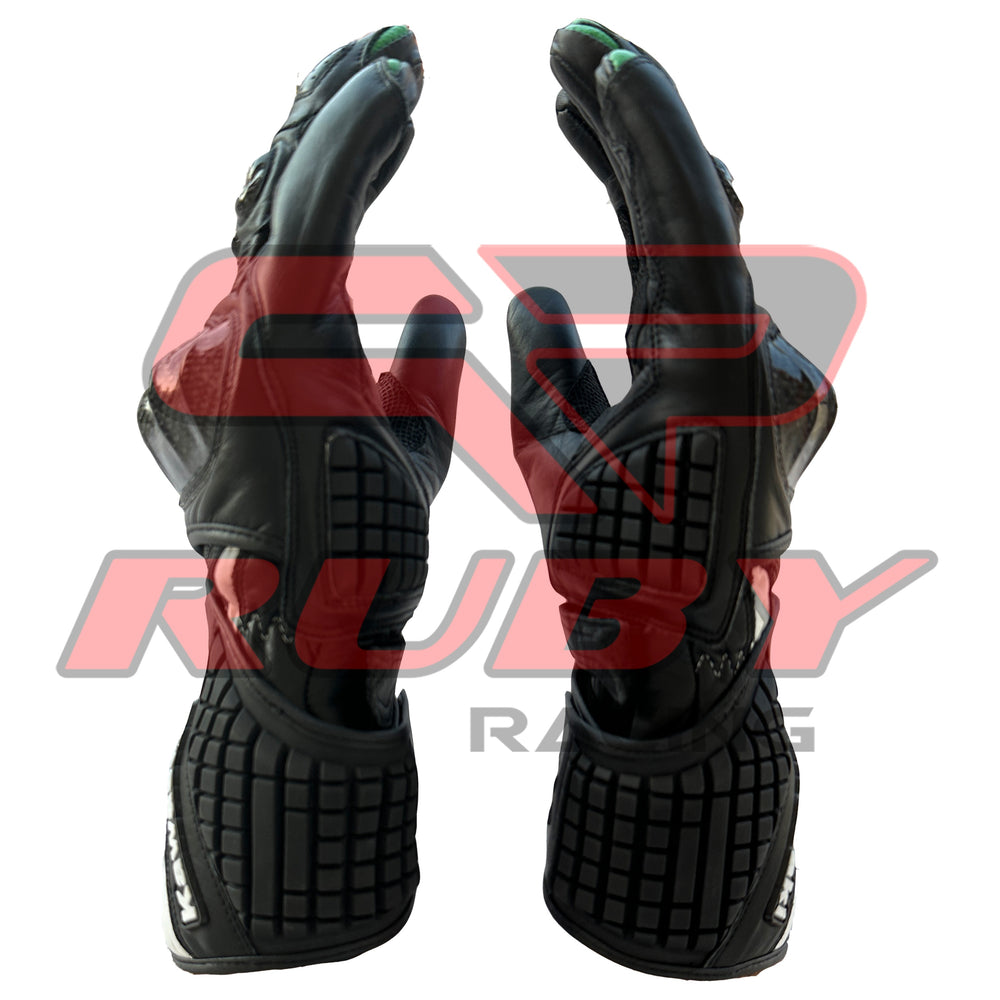 Side Grip View of Kawasaki Leather Motorcycle Gloves – Black, Green, and White Style with Carbon Fiber Knuckle Guards and Improved Grip for Superior Safety and Comfort