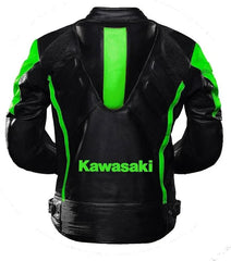 Kawasaki Ninja Leather Jacket Back View. Rear view of a black and green leather motorcycle jacket with bold "Kawasaki" branding, offering a sleek design with green paneling.