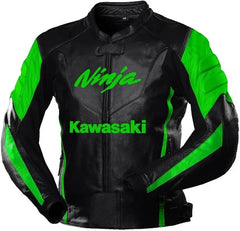 Kawasaki Ninja Leather Jacket Front View. Black and green leather motorcycle jacket with "Ninja" and "Kawasaki" branding on the front, featuring green and black accents, suitable for bikers.