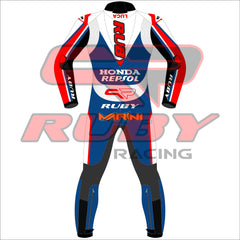 2024 Luca Marini Repsol Honda BritishGP Racing Suit - Blue Edition. back view of the suit featuring iconic Honda Repsol branding and Ruby Racing logos, designed for racing enthusiasts and MotoGP supporters