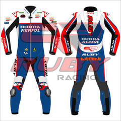 2024 Luca Marini Repsol Honda BritishGP Racing Suit - Blue Edition. Front and back view of the suit featuring iconic Honda Repsol branding and Ruby Racing logos, designed for racing enthusiasts and MotoGP supporters