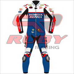 2024 Luca Marini Repsol Honda BritishGP Racing Suit - Blue Edition. Front view of the suit featuring iconic Honda Repsol branding and Ruby Racing logos, designed for racing enthusiasts and MotoGP supporters