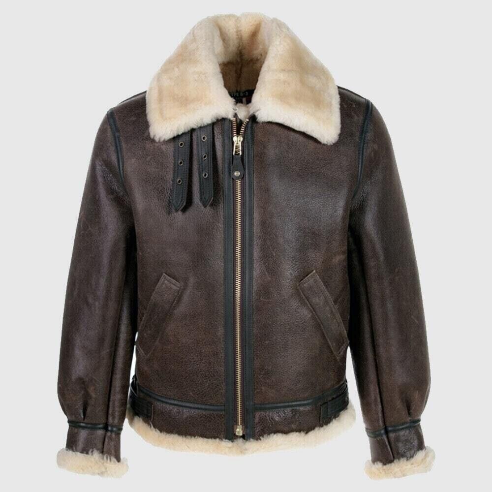 Mens Shearling Aviator Real Sheepskin Brown Leather Aviator Jacket Front