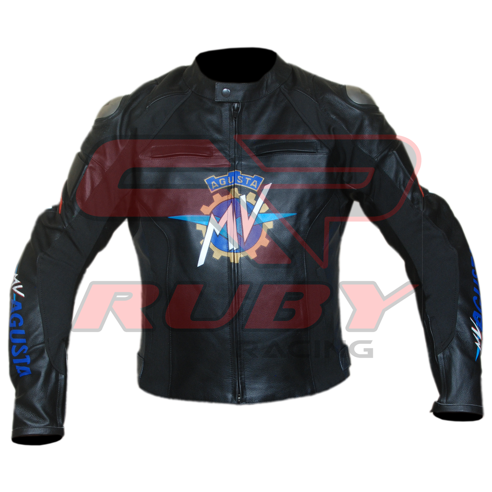 MV Agusta Motorbike Racing Black Leather Biker Jacket Front