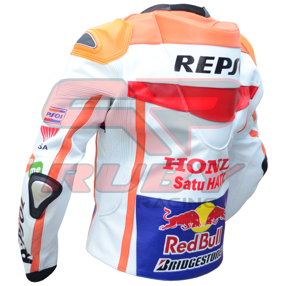 Marc Marquez Honda Repsol Motorbike Racing Leather Biker Jacket Backwards Left