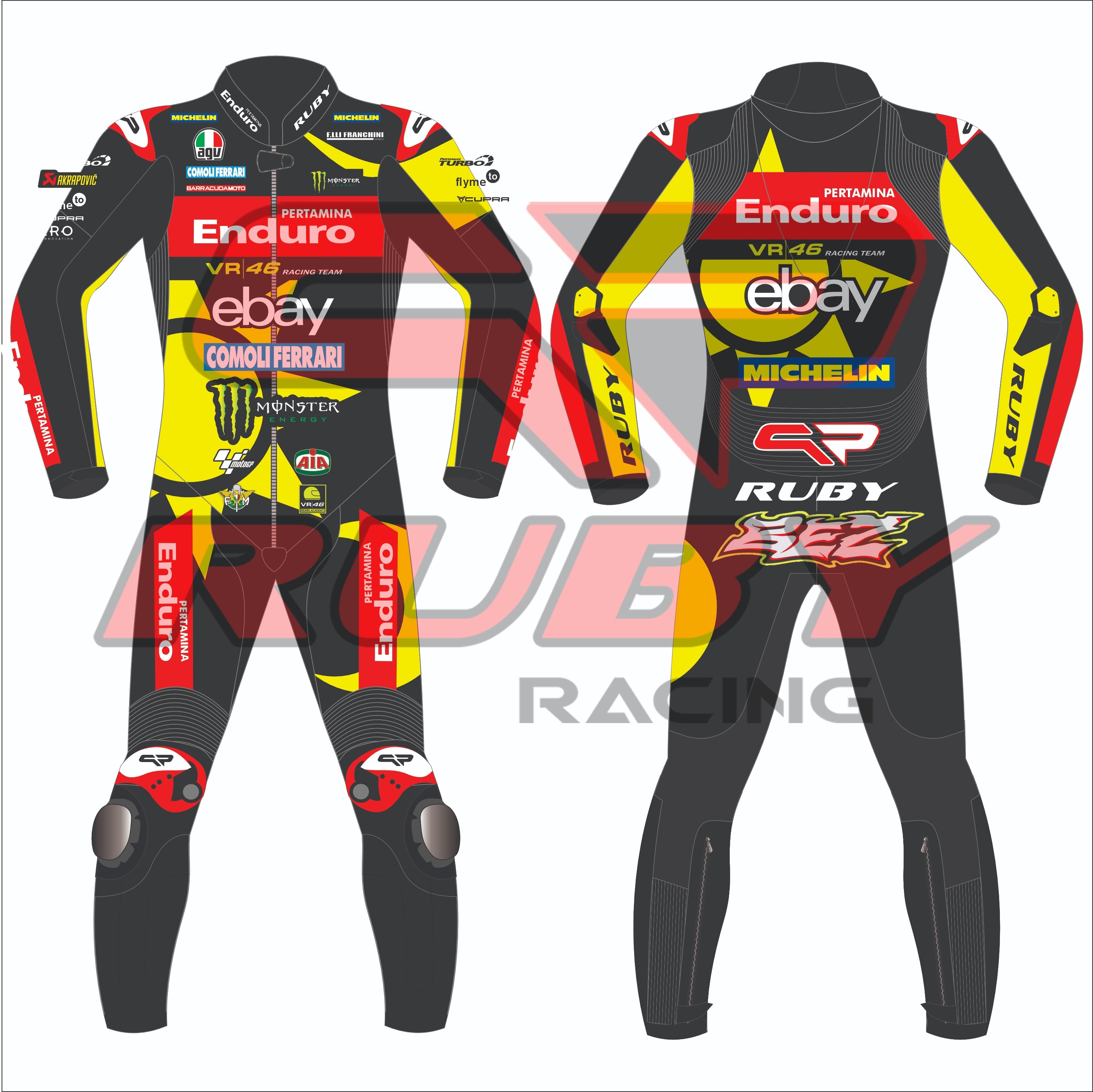 Front and rear view of the 2024 Marco Bezzechi VR46 Pertamina Enduro racing suit for the British GP, featuring vibrant yellow and black design, sponsor logos, and Ruby branding.