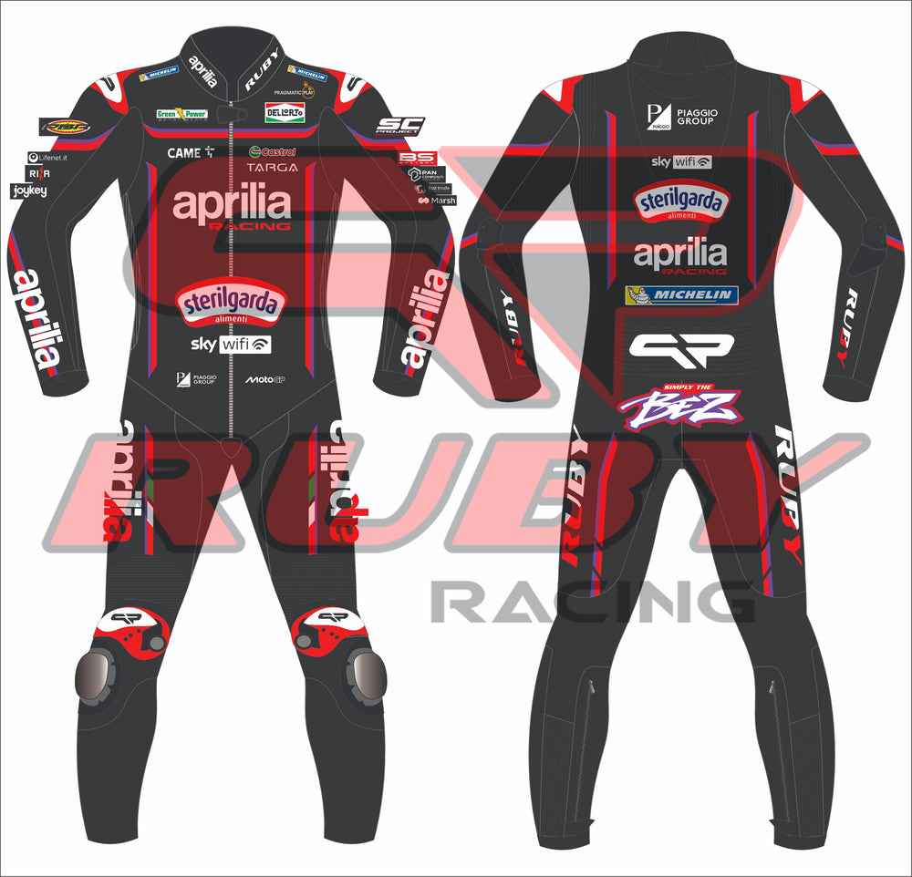 Full front and rear view of Marco Bezzecchi’s 2025 Aprilia MotoGP leather race suit designed by RUBY. Black and red with Aprilia, Sterilgarda, and Michelin sponsor logos, padded knee protection, BEZZ logo at the back, and bold RUBY text on sleeves and legs.
